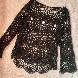 Black Crotchet Mesh Open Weave Whimsygoth Fairy Grunge Peasant Edgy Festival Top